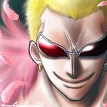  blonde_hair donquixote_doflamingo feather grin male_focus one_piece short_hair simple_background smile solo sunglasses 
