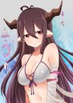  akky_(akimi1127) bandages bikini_top breasts brown_hair danua draph granblue_fantasy highres horns large_breasts long_hair pointy_ears red_eyes solo 