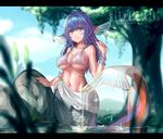  2015 artist_name bikini_top blue_eyes blue_hair bracelet breasts cleavage fins gills head_fins highres jewelry large_breasts letterboxed long_hair looking_to_the_side lumian mermaid mole mole_under_eye monster_girl navel original rock sarong smile solo swimsuit tree underboob water wet 