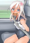  bdsm blue_eyes car decadencelibido flower gag gagged hair_flower hair_ornament improvised_gag kantai_collection kidnapped motor_vehicle ro-500_(kantai_collection) school_swimsuit seatbelt tape tape_gag tearing_up white_hair 