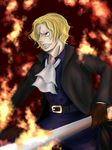  belt blonde_hair cravat double-breasted fire gloves gradient gradient_background male_focus one_piece polearm sabo_(one_piece) solo staff weapon 