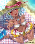  :d ankle_lace-up anklet barefoot beach bikini bikini_skirt blanket blush bottle breasts cleavage company_name cooler cross-laced_footwear dark_skin day hair_ornament hanekoto hat hat_ribbon jewelry large_breasts looking_at_viewer navel o-ring o-ring_top open_mouth outdoors outstretched_hand pendant plaid plaid_blanket reaching_out red_eyes ribbon silver_hair sitting smile solo sun_hat swimsuit thigh_strap wariza water water_bottle white_bikini wrist_cuffs 