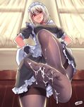  apron black_dress black_legwear breasts clenched_teeth convenient_leg disgust dress feet jjune large_breasts maid maid_apron maid_headdress original outstretched_foot pantyhose puffy_short_sleeves puffy_sleeves red_eyes short_hair short_sleeves silver_hair solo suggestive_fluid teeth thighband_pantyhose 