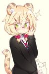  :&gt; animal_ears blonde_hair cat commentary_request eyebrows eyebrows_visible_through_hair glasses hair_ornament hairclip looking_at_viewer necktie original shirt simple_background solo sparkle sweater tail thick_eyebrows tiger_ears tiger_tail tomcat_(moconeko) toramimi-senpai twintails upper_body yellow_eyes 