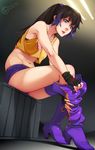  black_hair boots box feguimel fingerless_gloves gloves gradient gradient_background midriff original race_queen sitting solo thigh_boots two-tone_hair undressing 