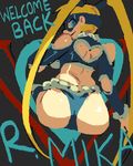  1girl alex_ahad ass blonde_hair domino_mask from_behind heart_cutout looking_back mask rainbow_mika simple_background sitting smile solo street_fighter street_fighter_v twintails wrestling_outfit 