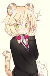  :&gt; animal_ears blonde_hair cat commentary_request eyebrows eyebrows_visible_through_hair hair_ornament hairclip looking_at_viewer necktie original shirt simple_background solo sparkle sweater tail thick_eyebrows tiger_ears tiger_tail tomcat_(moconeko) toramimi-senpai twintails upper_body yellow_eyes 