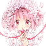  1girl blush cherry_blossoms flower kaname_madoka mahou_shoujo_madoka_magica petals pink_eyes pink_hair ribbon ribbons rose roses simple_background solo soul_gem 