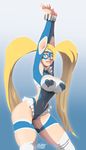  blonde_hair blue_eyes breasts domino_mask gradient gradient_background leotard looking_at_viewer mask rainbow_mika revealing_clothes smile solo street_fighter tovio_rogers twintails upper_body 