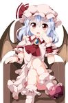  :d bat_wings blue_hair blush bobby_socks brooch chair cravat crossed_legs elbow_rest hat hat_ribbon head_rest jewelry looking_at_viewer mary_janes mob_cap open_mouth red_eyes remilia_scarlet ribbon ruu_(tksymkw) shoes short_hair simple_background sitting skirt skirt_set smile socks solo touhou white_background wings wrist_cuffs 
