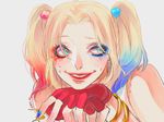  1girl batman_(series) blonde_hair blue_eyes dc_comics dccu harley_quinn multicolored_hair simple_background solo suicide_squad twintails 