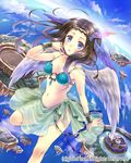  :o barefoot bikini_top blush bracelet breasts brown_hair cleavage cloud company_name feathered_wings feathers floating_island flying hair_feathers hanekoto head_wings jewelry leg_up medium_breasts navel o-ring o-ring_top purple_eyes sarong sky solo wings 