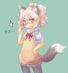  animal_ears bow bowtie cat_ears cat_tail eyebrows eyebrows_visible_through_hair fang glasses green_background hand_on_hip looking_at_viewer open_mouth original pantyhose pink_hair sailor_collar school_uniform shirt short_hair simple_background skirt solo sparkle sweater_vest tail thick_eyebrows tomcat_(moconeko) updo yellow_eyes 