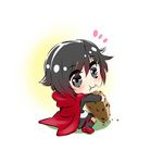  black_hair boots cape chibi chocolate_chip_cookie cookie food food_on_face highres iesupa ruby_rose rwby short_hair solo 