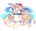  bare_shoulders barefoot bikini blonde_hair blue_eyes blush breasts cleavage flower hair_over_one_eye hat hat_ribbon hibiscus jpeg_artifacts long_hair looking_at_viewer navel open_mouth pandora_(p&amp;d) puzzle_&amp;_dragons ribbon shouni_(sato3) side-tie_bikini sitting small_breasts smile solo swimsuit very_long_hair wariza 