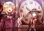  blonde_hair brooch brown_eyes brown_hair cape clock clock_tower collared_shirt dress e.o. embellished_costume fedora hat high_collar jewelry maribel_hearn mob_cap multiple_girls necktie open_mouth roman_numerals scarlet_devil_mansion shirt short_hair smile tie_clip touhou tower translated trench_coat u_u usami_renko 