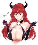  1girl black_gloves breasts cleavage cosplay elesis elesis_(elsword) elsword gloves huge_breasts red_eyes red_hair simple_background solo uboot 