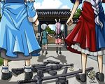  adrian_ferrer assault_rifle braid bunny_tail crescent crescent_moon_pin flower from_behind gun hair_ornament hair_ribbon handgun holding_hands katana konpaku_youmu konpaku_youmu_(ghost) m4_carbine multiple_girls pistol reisen_udongein_inaba ribbon rifle rose saigyouji_yuyuko single_braid sword tail touhou weapon white_flower white_rose yagokoro_eirin yuri 