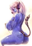  ass black_sclera blue_skin bracelet breasts demon_girl demon_tail gigantic_breasts highres horns ishida_hiroyuki jewelry light_smile lips long_hair looking_at_viewer looking_back nipple_piercing original piercing purple_hair shiny shiny_skin sitting slingshot_swimsuit smile solo swimsuit tail tattoo thick_thighs thighs yellow_eyes 