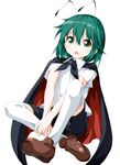  antennae cape full_body green_eyes green_hair hands_together indian_style leg_hold loafers looking_at_viewer over-kneehighs ruu_(tksymkw) shoes short_hair short_sleeves shorts simple_background sitting solo thighhighs touhou v_arms white_background white_legwear wriggle_nightbug 