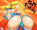  ass bent_over blonde_hair blue_eyes costume female gmeen gradient gradient_background grin huge_ass looking_back mask microphone rainbow_mika skirt smile solo street_fighter twintails 