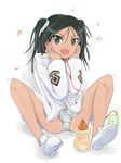  beamed_eighth_notes black_hair digital_media_player earphones francesca_lucchini full_body green_eyes highres jacket legs long_hair mishiro_shinza musical_note no_pants open_mouth panties quarter_note ribbon shoes simple_background sitting smile solo spread_legs strike_witches striped striped_panties twintails underwear white_background world_witches_series 