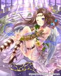  blush brown_hair circlet company_name detached_sleeves feathered_wings feathers flower grin hagoromo hair_feathers hanekoto high_heels long_hair no_socks one_eye_closed pillar plant purple_eyes shawl sitting smile solo thigh_strap vines wings 