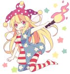  :d american_flag_dress american_flag_legwear bad_id bad_pixiv_id blonde_hair clownpiece daizu_(melon-lemon) fire hat highres holding jester_cap kneeling long_hair open_mouth pantyhose red_eyes shirt simple_background skirt smile solo star striped striped_legwear touhou very_long_hair white_background 