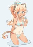  animal_ears bikini blonde_hair blue_eyes bow breasts cat_ears cat_tail choker eyebrows eyebrows_visible_through_hair fang food frilled_bikini frills hair_ornament ice_cream long_hair navel one-piece_tan open_mouth original ponytail small_breasts solo swimsuit tail tan tanline thick_eyebrows tomcat_(moconeko) 