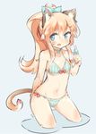  animal_ears bikini blonde_hair blue_eyes bow breasts cat_ears cat_tail choker eyebrows eyebrows_visible_through_hair fang food frilled_bikini frills hair_ornament ice_cream long_hair navel open_mouth original ponytail small_breasts solo swimsuit tail thick_eyebrows tomcat_(moconeko) 