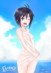  bad_id bad_pixiv_id black_eyes black_hair chou_(meteorite3) dress dress_lift highres idolmaster idolmaster_(classic) kikuchi_makoto no_bra no_panties one_eye_closed see-through short_hair smile solo standing water white_dress 