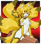  animal_ears blonde_hair breasts daga disgaea disgaea_5 fox_ears fox_tail hikimayu kitsune makai_senki_disgaea_5 monster_girl multiple_tails navel nine-tailed_fox_(disgaea) no_nose nude open_mouth red_eyes small_breasts smile tail torture uncensored wooden_horse 