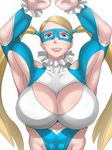  armpits arms_up blonde_hair breasts cleavage cleavage_cutout domino_mask highres large_breasts lips long_hair looking_at_viewer mask muscle muscular_female rainbow_mika shiva_(johan-s) simple_background smile solo street_fighter street_fighter_v twintails white_background 