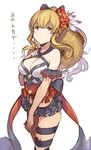  bare_shoulders bikini black_bow blonde_hair bow breasts brown_eyes cleavage empty_eyes flower frills granblue_fantasy hair_bow hair_flower hair_ornament hanarito hibiscus large_breasts long_hair ponytail simple_background solo swimsuit thigh_strap translation_request vira_lilie 