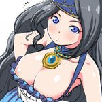  1girl bare_shoulders black_hair blue_eyes breasts cleavage clueless collarbone downblouse from_above granblue_fantasy headband jewelry large_breasts long_hair looking_at_viewer looking_up necklace nipple_slip nipples no_bra shiny shiny_skin shirihime sig_(granblue_fantasy) simple_background solo upper_body wardrobe_malfunction white_background 