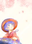  blush bowl bowl_hat cherry_blossoms hat holding_needle in_bowl in_container japanese_clothes kimono looking_up mdnk needle open_mouth purple_eyes purple_hair short_hair solo sukuna_shinmyoumaru touhou 