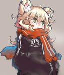  animal_ears blonde_hair blush blush_stickers curly_hair fang green_eyes grey_background hands_in_pockets jacket nose_blush open_mouth original scarf simple_background solo tiger_ears tomcat_(moconeko) toramimi-senpai winter_clothes 