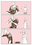  1girl apron beamed_eighth_notes buzz_cut chocolate comic eighth_note gloves jake_muller monochrome musical_note phone resident_evil resident_evil_6 sherry_birkin short_hair yopi 