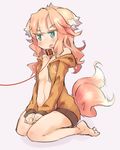  animal_ears bad_feet bad_hands bare_shoulders blush collar collarbone dog_collar dog_ears dog_tail fang flat_chest green_eyes hood hood_down hoodie leash naked_hoodie navel open_clothes open_mouth orange_hair original paw_print seiza sitting sketch solo tail tail_wagging tomcat_(moconeko) 