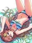  bikini blue_eyes breasts brown_hair cleavage hair_down hair_ornament jewelry long_hair lying medium_breasts navel necklace on_back original side-tie_bikini solo suikakitsu_shiro swimsuit very_long_hair xia_you_qing 