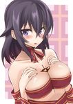  bare_shoulders bdsm between_breasts black_hair blush bondage bound breasts chocolate commentary_request hands_on_own_chest konohana_enishi large_breasts looking_at_viewer midriff original purple_eyes ribbon ribbon_bondage sengoku_aky solo tongue tongue_out 
