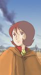  1girl brown_eyes brown_hair coat desert female frau_bow gundam hanabatake_sanjuro mobile_suit_gundam sky solo 