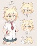  :3 :o animal_ears blonde_hair blush cat commentary_request cowboy_shot cuffs expressions eyebrows eyebrows_visible_through_hair fang multiple_views necktie original shirt short_hair simple_background skirt tail thick_eyebrows tiger_ears tiger_tail tomcat_(moconeko) toramimi-senpai wrist_cuffs yellow_eyes 