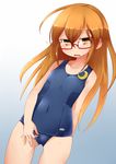  brown_eyes brown_hair covered_navel crescent crotch_zipper flying_sweatdrops glasses kantai_collection long_hair mochizuki_(kantai_collection) name_tag nassukun old_school_swimsuit one-piece_swimsuit school_swimsuit solo standing swimsuit zipper 