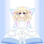  absurdres blonde_hair blue_eyes blush book dress fairy_wings highres histoire long_hair looking_at_viewer neptune_(series) rian_(clearhisty0101) solo wedding_dress wings 