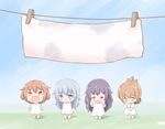  akatsuki_(kantai_collection) alternate_costume barefoot bedwetting black_hair brown_hair clothesline crying fang flying_teardrops folded_ponytail hibiki_(kantai_collection) ikazuchi_(kantai_collection) inazuma_(kantai_collection) kantai_collection kotanu_(kotanukiya) long_hair multiple_girls open_mouth panties ponytail short_hair silver_hair tears underwear wavy_mouth white_panties wiping_tears younger 