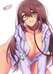  all_fours bottomless breasts brown_hair cleavage collar collarbone glasses grey_eyes jjune large_breasts leash long_hair mole mole_on_breast mole_under_mouth naked_shirt open_clothes open_shirt original red-framed_eyewear shirt solo sweat very_long_hair 