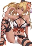  ankle_lace-up arm_support bangs bikini black_bow blonde_hair bow breasts cleavage collarbone criss-cross_halter cross-laced_footwear elbow_on_knee feet finger_to_mouth fingernails flower frilled_bikini frills granblue_fantasy hair_bow hair_flower hair_ornament halter_top halterneck hibiscus high_heels knee_up large_breasts light_smile long_fingernails long_hair looking_at_viewer open_mouth open_toe_shoes orange_bow parted_lips ponytail red_eyes sakiyamama sandals shoes simple_background sitting solo spread_legs swimsuit tan tanline thighhighs toes vira_lilie white_background white_bikini 