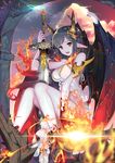  absurdres bad_id bad_pixiv_id black_hair breasts cleavage cloud demon_girl demon_wings fang fire highres kimjunho large_breasts long_hair looking_at_viewer open_mouth original pointy_ears red_eyes sitting solo sword weapon wings 
