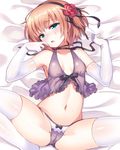  aqua_eyes babydoll blush brown_hair cameltoe character_request copyright_request elbow_gloves flower gloves hair_flower hair_ornament hairband lingerie lying navel on_back open_mouth panties short_hair shouni_(sato3) solo spread_legs tears thighhighs underwear white_gloves white_legwear 
